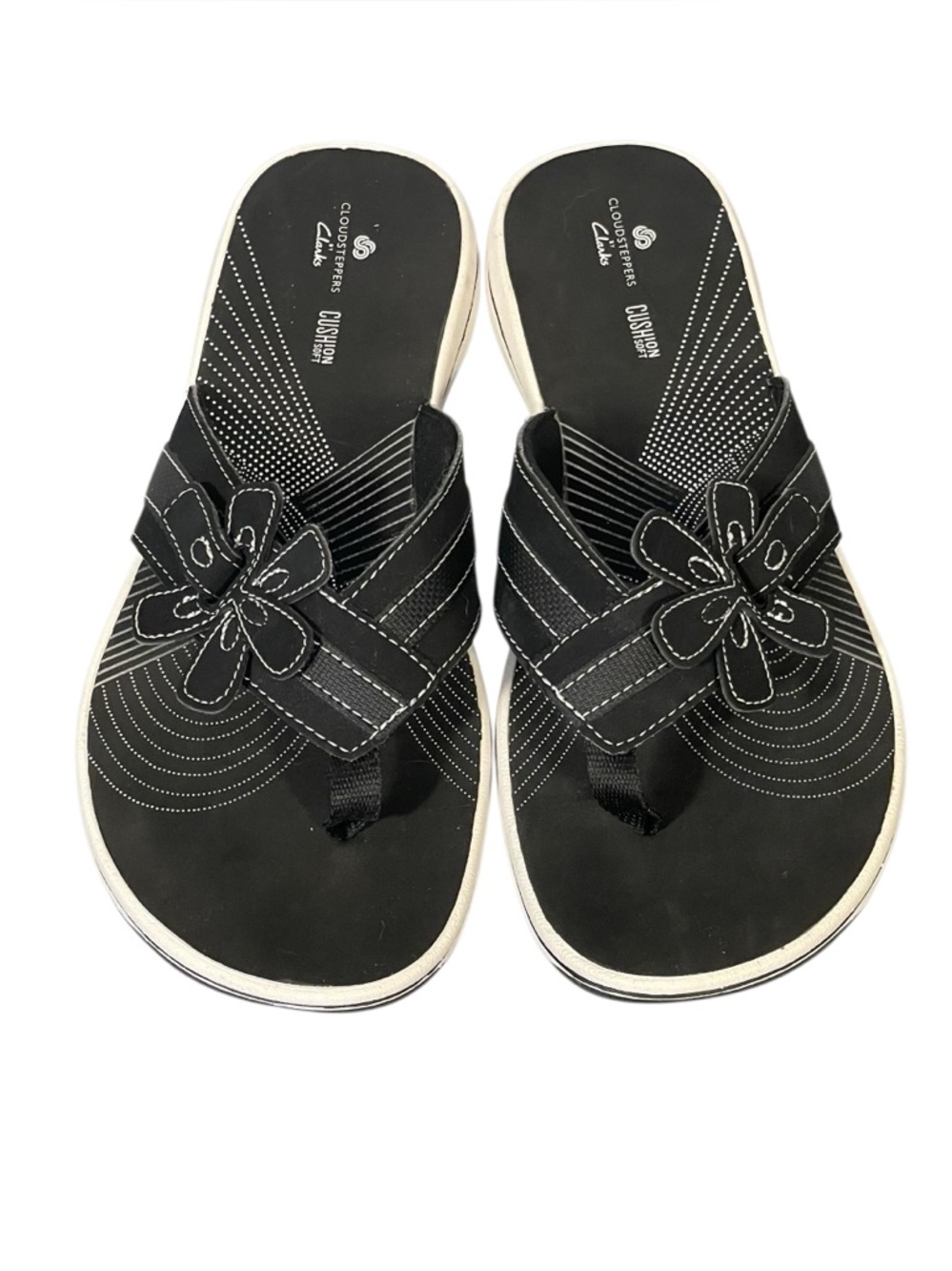 Clark’s Cloudsteppers Brinkley Black Flower White Sole Thong Sandal Flip Flip 9M